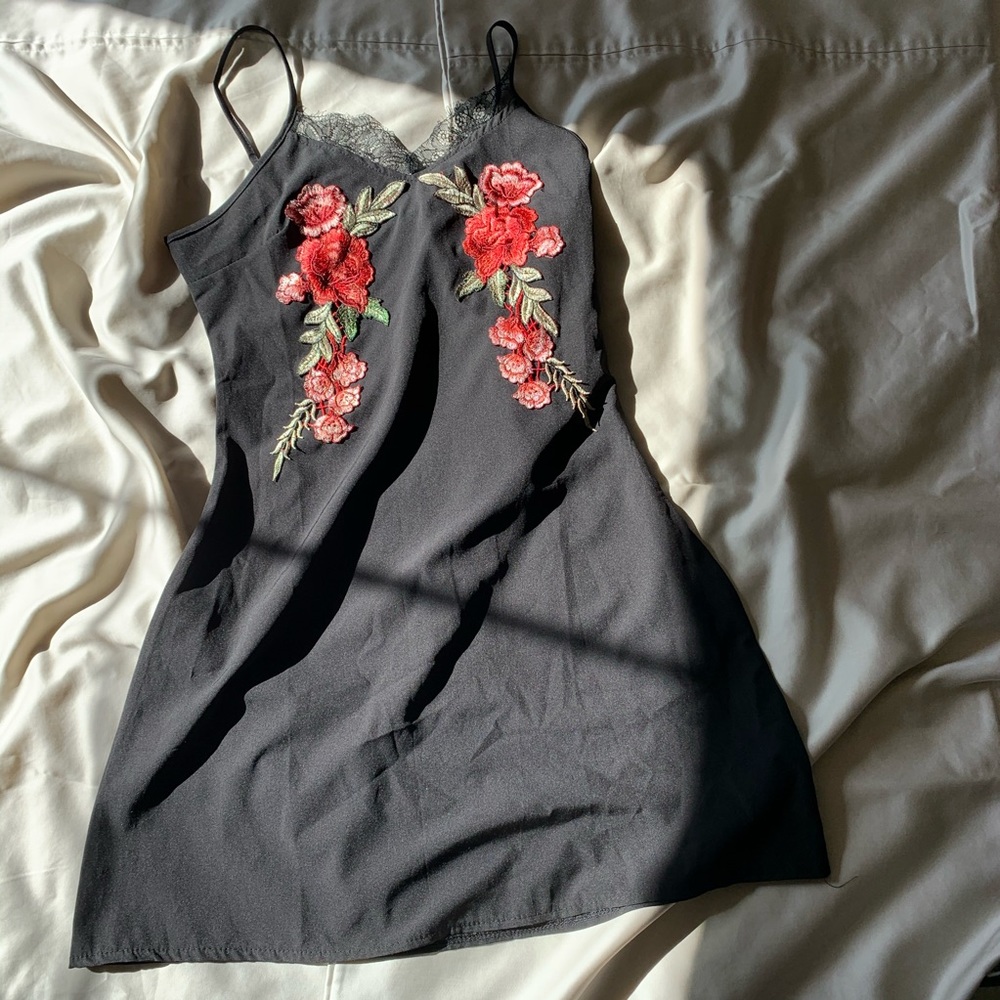 rose and lace embroidered slip dress